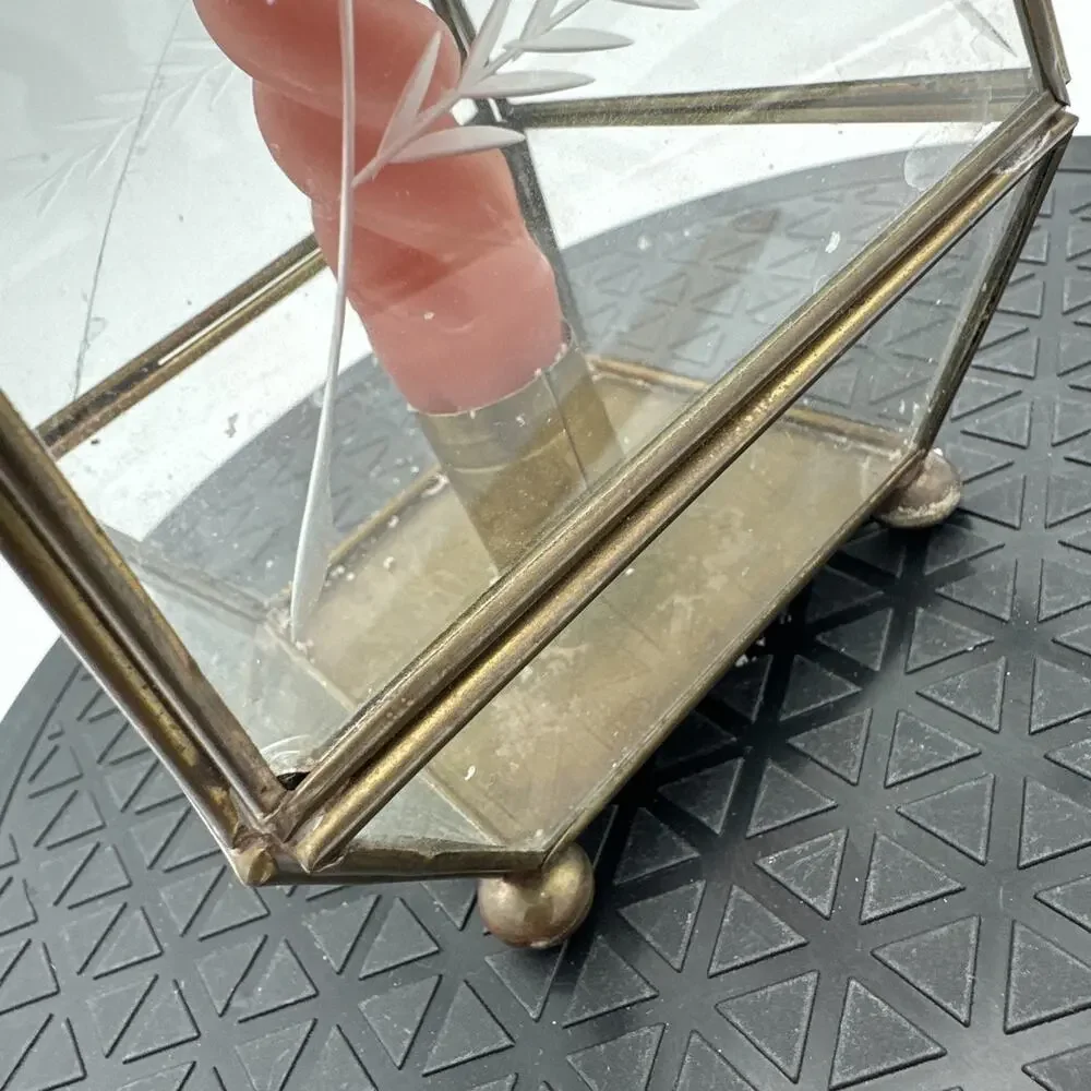 2 Vintage Brass & Glass Taper Candle Display Case Footed Flower Etched
